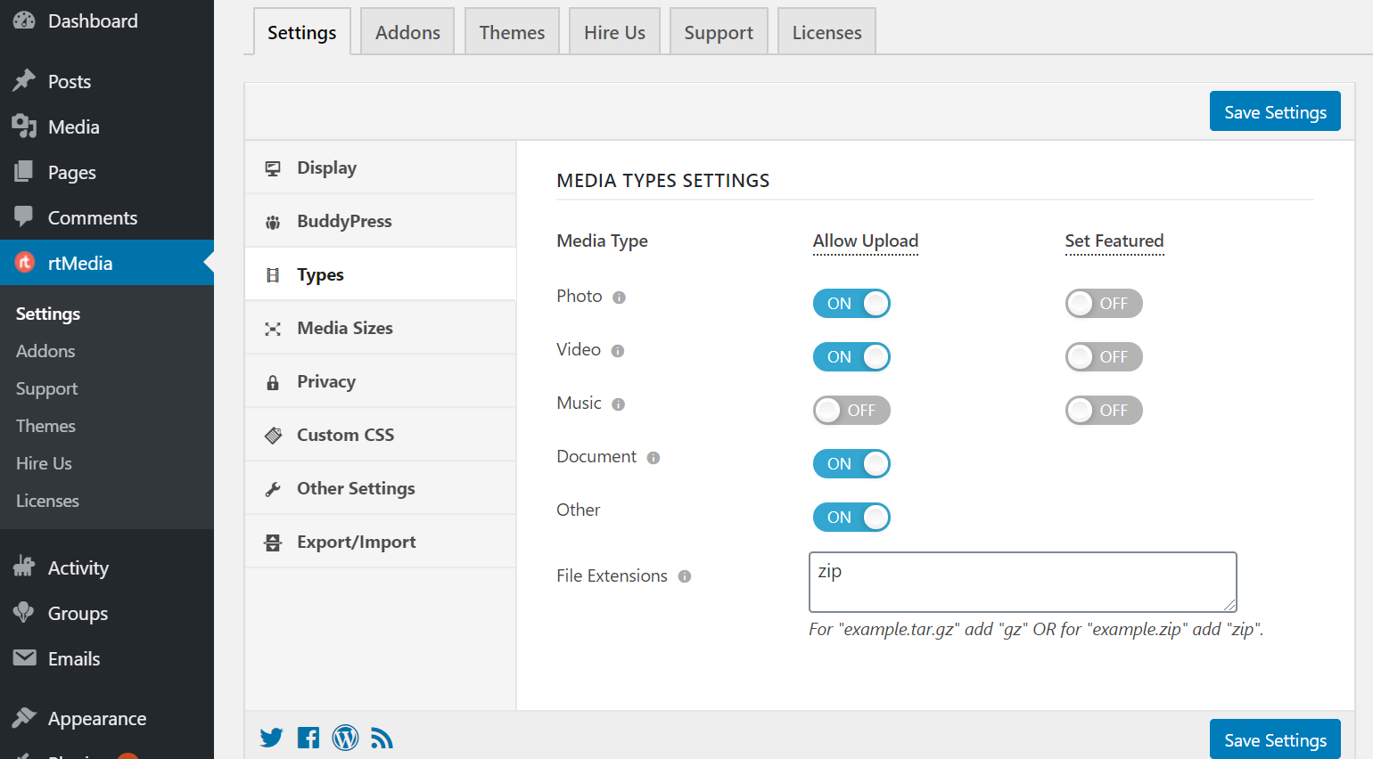 rtmedia - configure allowed file extensions in buddypress