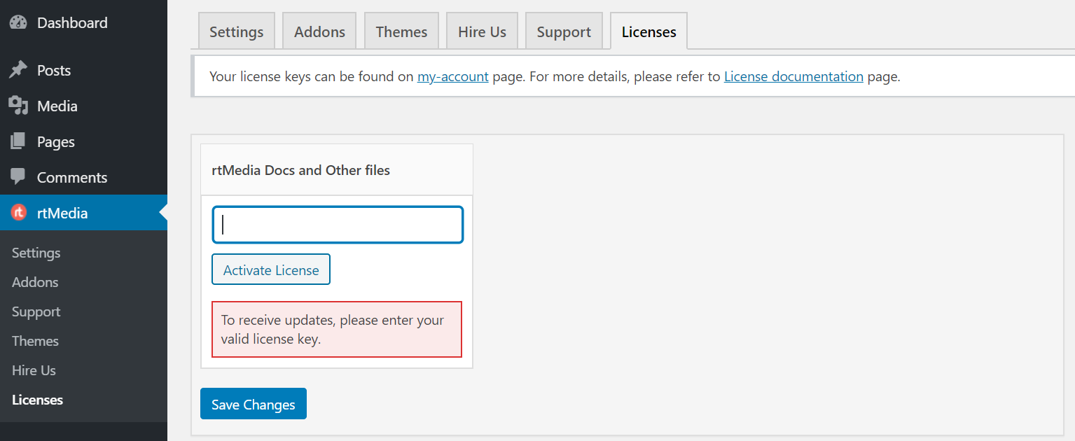 rtmedia docs and other files addon license activation