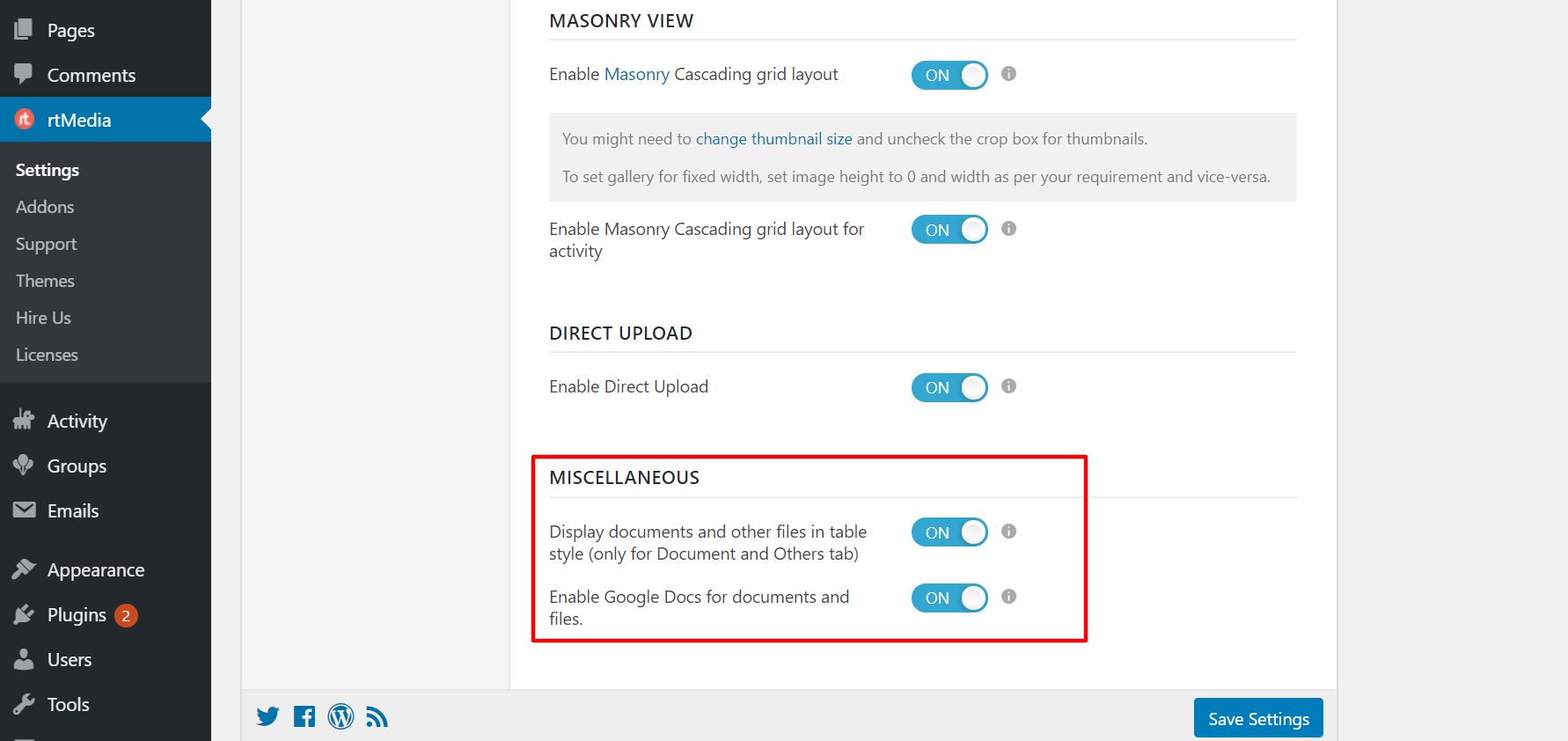 rtmedia miscellaneous settings