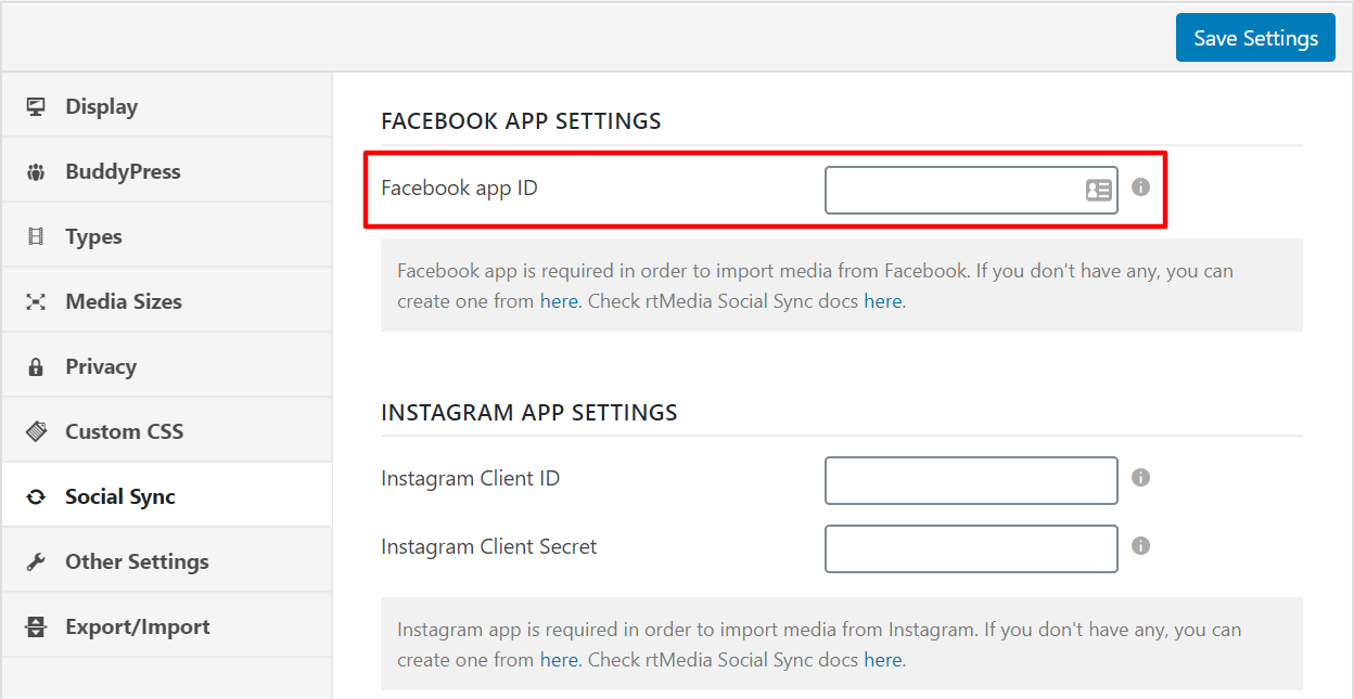 rtmedia social sync facebook app settings