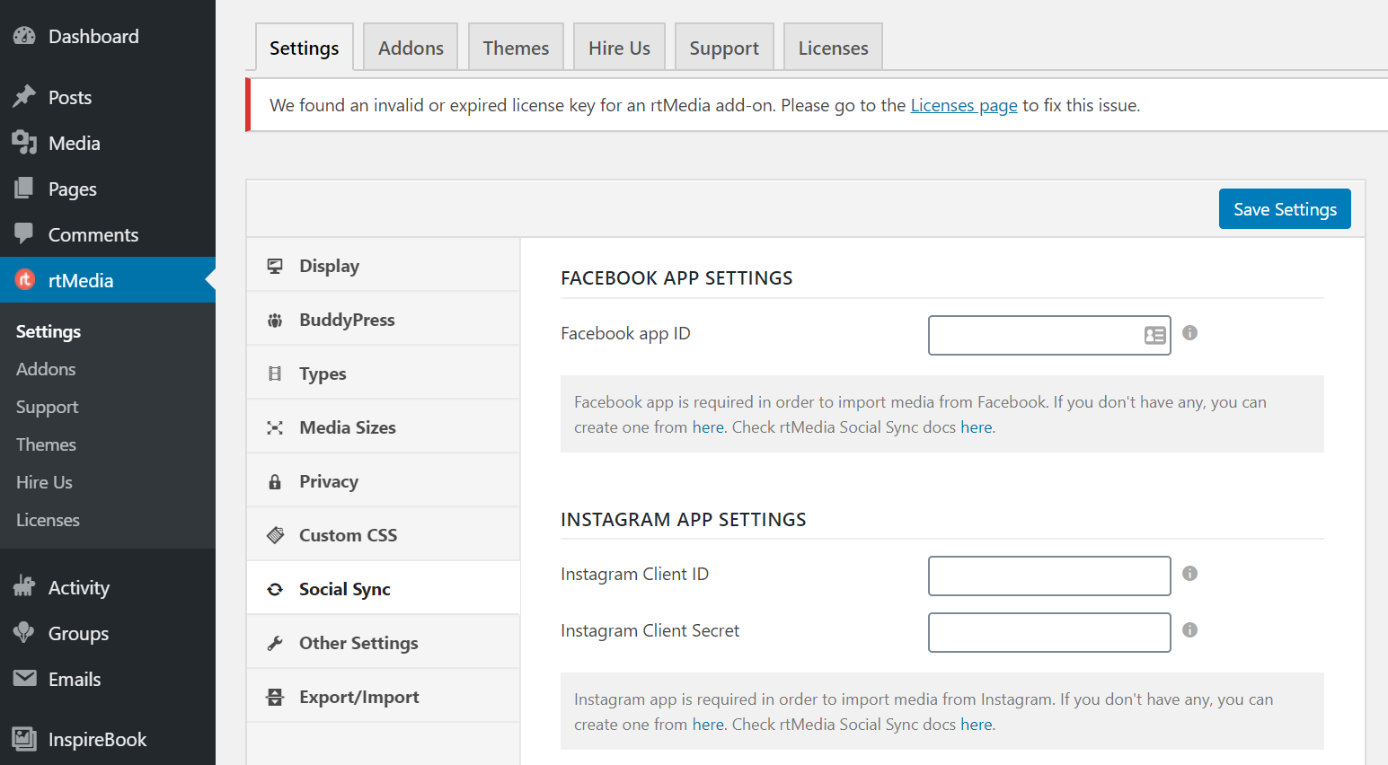 rtmedia social sync settings