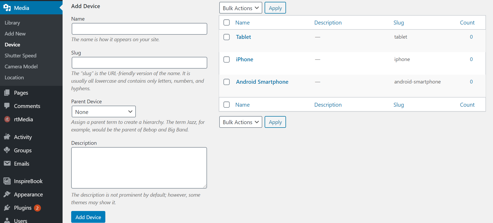 values for buddypress media attributes