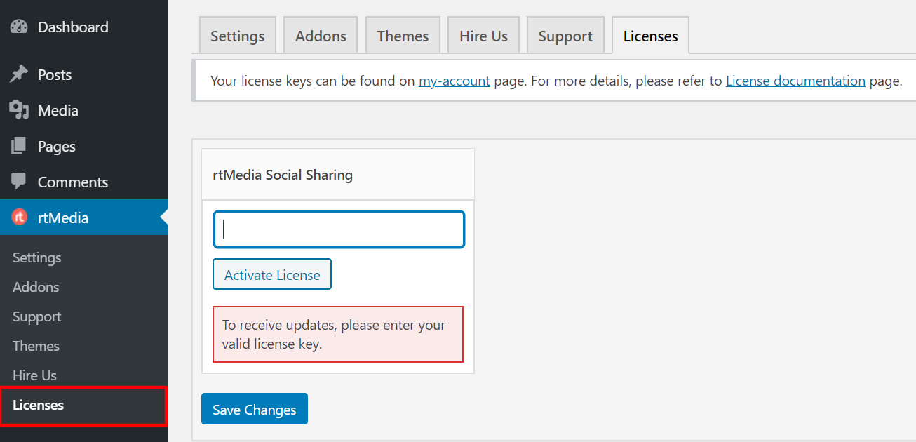 activate rtmedia social sharing addon with license key