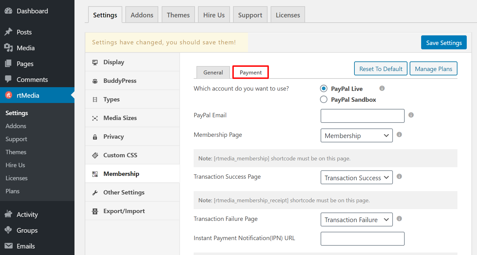 rtmedia membership addon payment settings - paypal