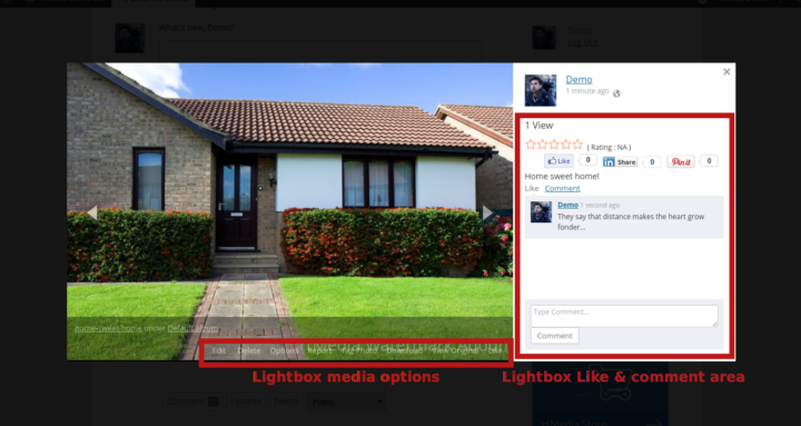 Lightbox media options; Lightbox like and comment area