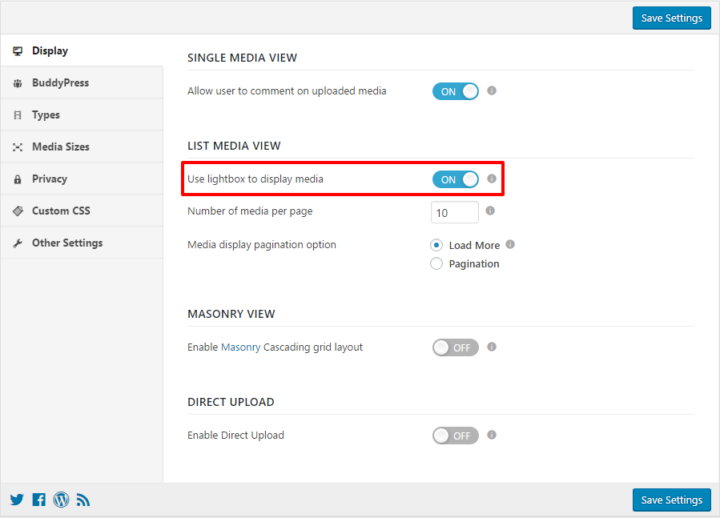 rtMedia enable lightbox settings page